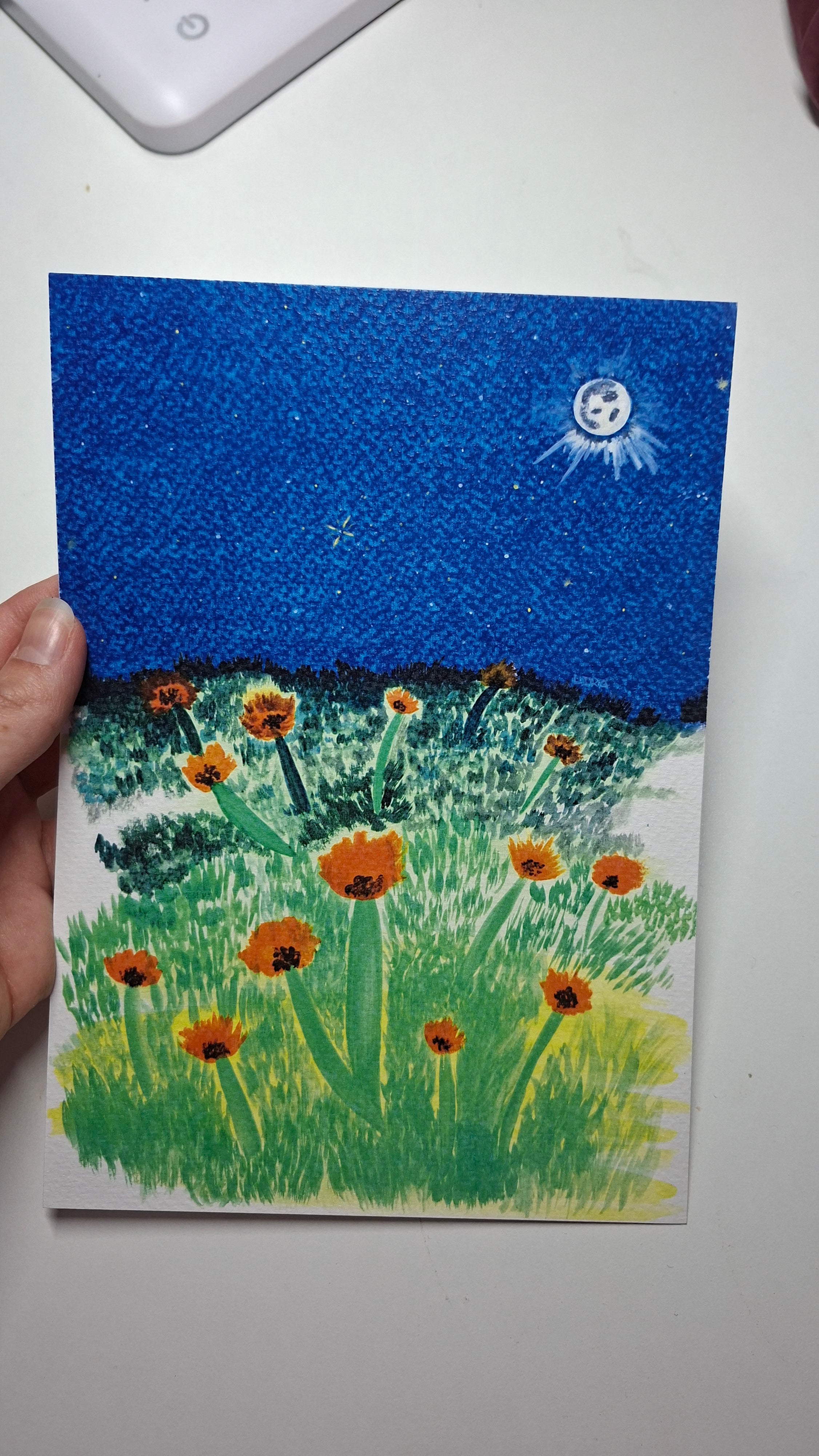 Flores y brillo lunar (gouache) - lámina artística tamaño A5