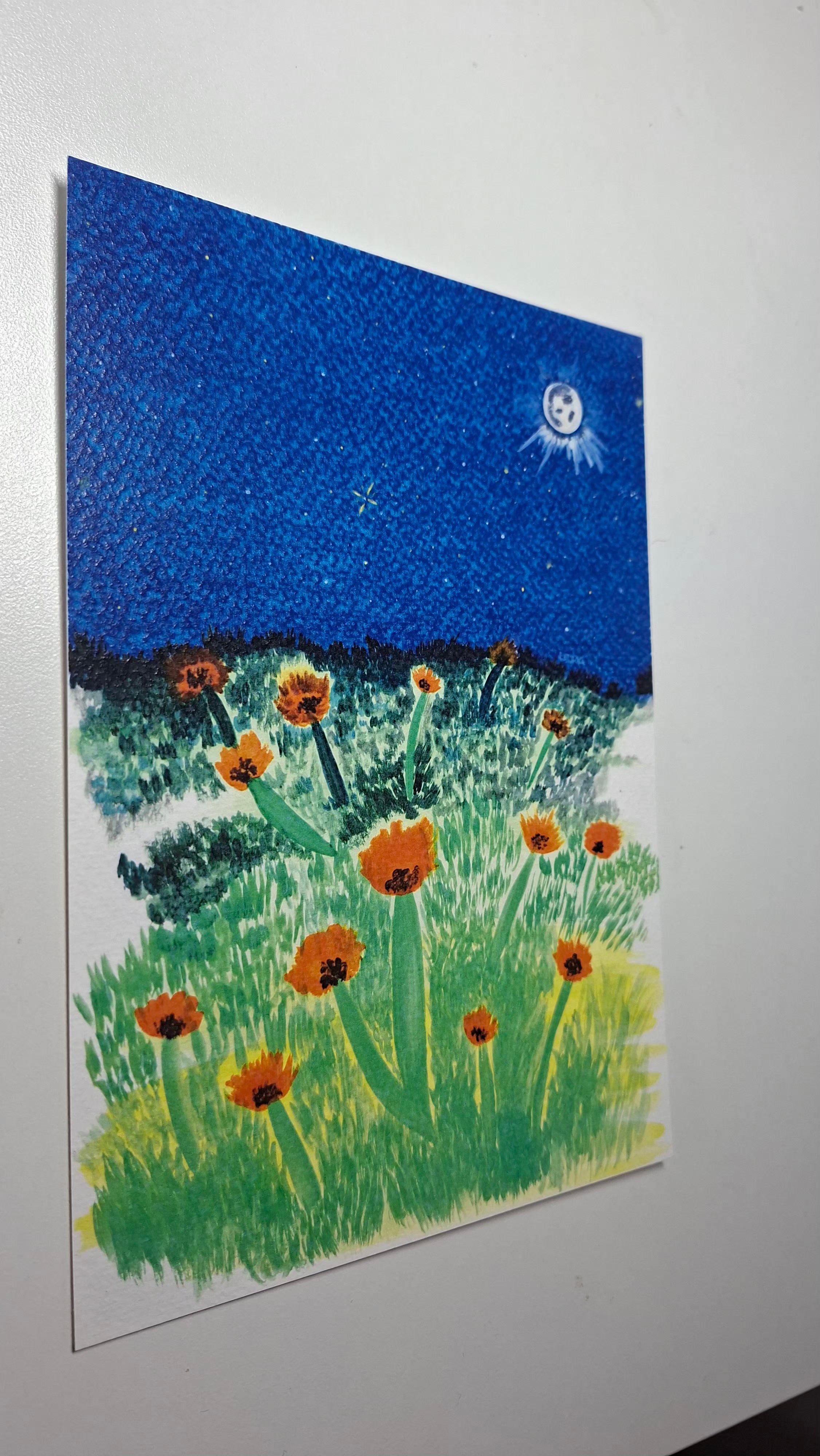 Flores y brillo lunar (gouache) - lámina artística tamaño A5