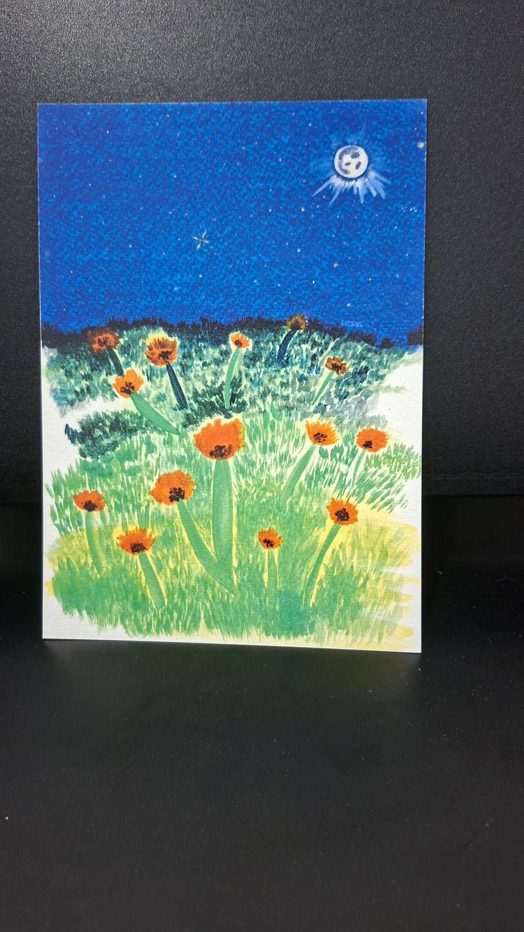 Flores y brillo lunar (gouache) - lámina artística tamaño A5